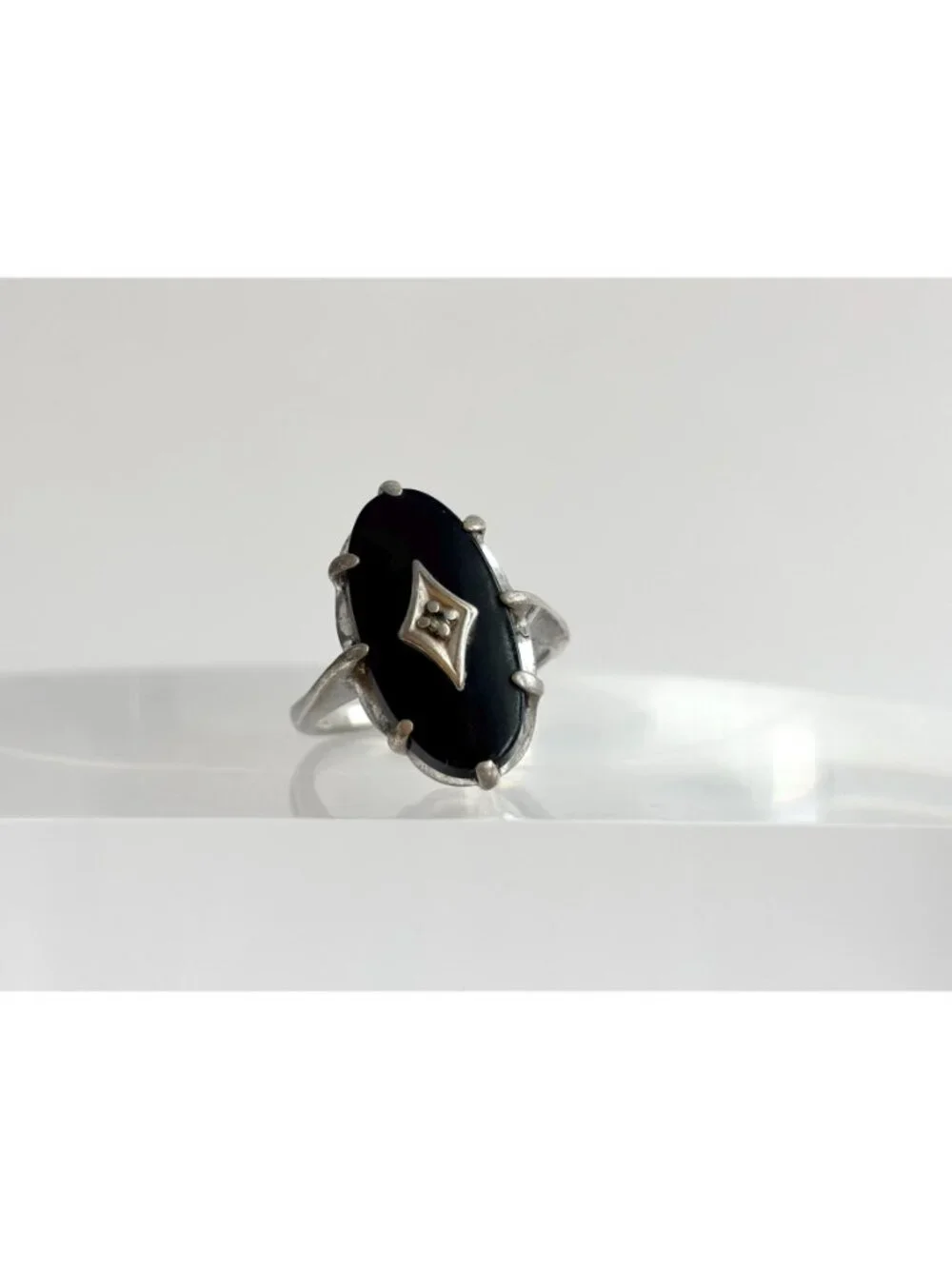 Art Deco Black Onyx Gemstone Oval Sterling Silver 925 Vintage Ring - sz 7
